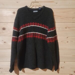 Vintage Structure Men's V-Neck Sweater - Black and Red Size XL 24x30 100% Wool